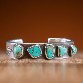 Early Navajo Stamped Ingot and Turquoise Cuff Bracelet
