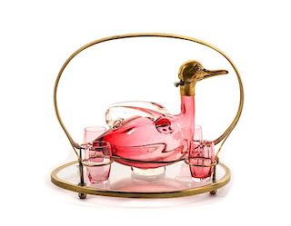 Duck Cranberry Art Glass Decanter Set, Karl Palda