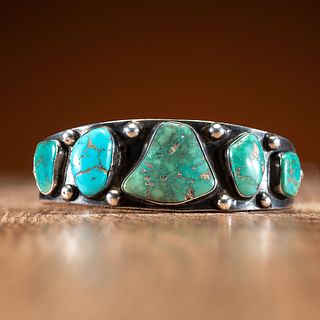 Heavy Navajo Silver and Turquoise Cuff Bracelet