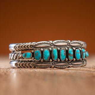 Navajo Stamped Silver and Turquoise Cuff Bracelet