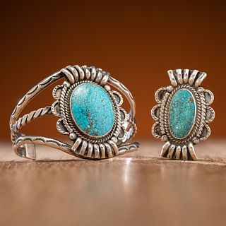 Navajo Silver and Spider Web #8 Turquoise Cuff Bracelet AND Ring