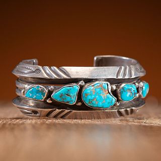 Mark Chee (Dine, 1914-1981) Heavy Silver and Lone Mountain Turquoise Cuff Bracelet