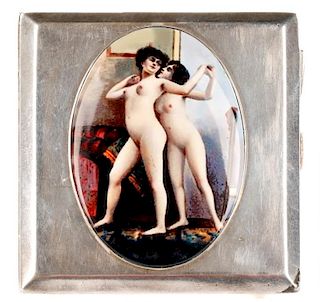 1929 English Sterling Cigarette Case, Erotic Scene
