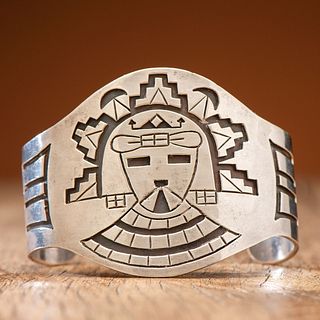 Herbert Komayouse (Hopi, act. since 1940s) Pahlik Mana Silver Overlay Cuff Bracelet