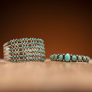 Zuni and Navajo Silver and Turquoise Cuff Bracelets