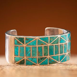 Zuni Silver Cuff Bracelet, with Blue Gem Turquoise Channel Inlay