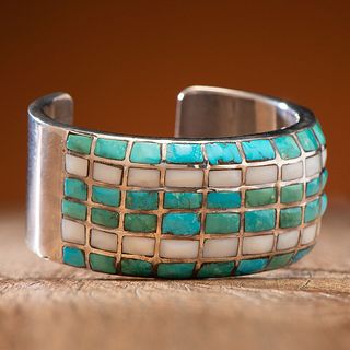 Zuni Silver Cuff Bracelet, with Turquoise and Shell Inlay