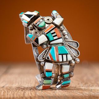 Zuni Silver Cuff Bracelet, with Mosaic Inlay Rainbow Man