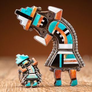 Zuni Silver and Mosaic Inlay Rainbow Man Pin/Brooch AND Ring