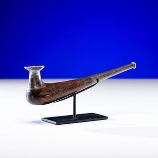 Siberian Eskimo Wood Pipe, with Pewter Inlay