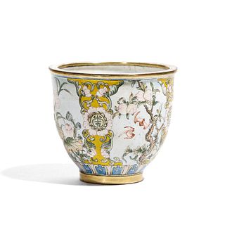 AN ENAMELLED COPPER 'FLOWERS AND BIRD' CUP