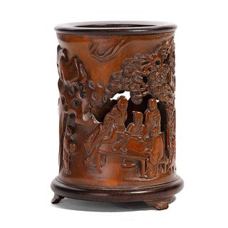 A CHINESE BAMBOO-CARVED 'LANDSCAPE' BRUSHPOT