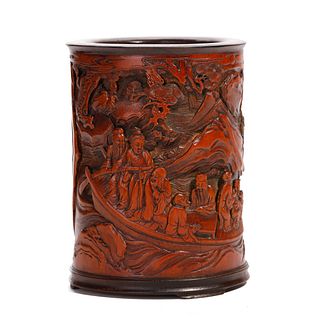 A CARVED BAMBOO 'LANDSCAPE AND FIGURES' BRUSHPOT