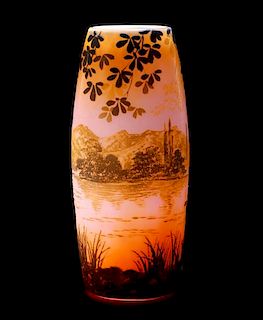 deVez Cameo Art Glass Vase w/ Landscape, 10"