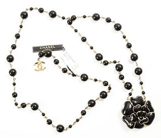 Chanel Black Bead And Camellia Adjustable Belt