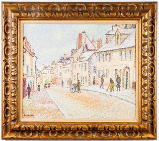 Pointillist Village Oil on Canvas, Signed Lambert