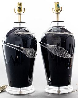 Italian Black & Clear Glass Lamps W Leaf Motif, Pr