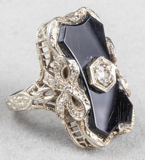 Antique Edwardian 14K White Gold Diamond Onyx Ring