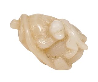 Chinese White Jade Carving of Monkey & Peaches