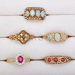 FIVE GOLD AND GEMSTONE RINGS
