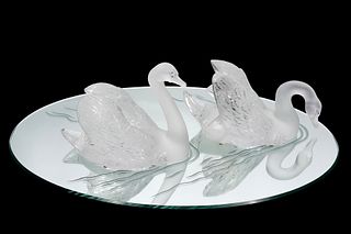 Pr. Lalique Crystal Swans on Mirror Plateau