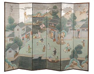 6 Panel Hand Painted Wallpaper Chinese Screen