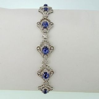 Lady's Edwardian style Approx. 15.0 Carat Oval Cut Sapphire, 4.0 Carat Round Cut Diamond and 18 Karat White Gold Bracelet