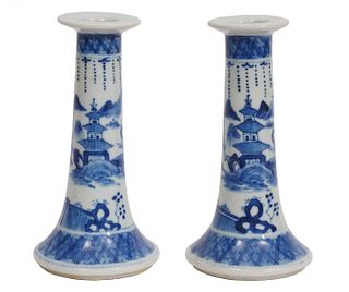 Pr. Chinese Porcelain Blue & White Candlesticks