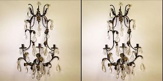 Large Pair of Early to Mid 20th Century Iron, Gilt Tole Crystal Candle Sconces.