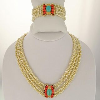 Lady's Vintage Multi Strand Baroque Pearl Necklace and Bracelet Suite