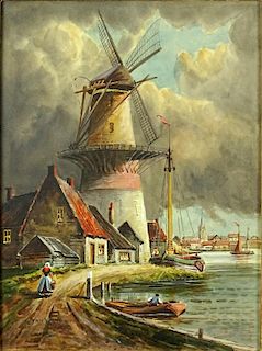 19th C Dutch Watercolor on Paper "Windmill"
