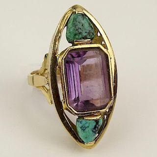Lady's Vintage Amethyst, Turquoise and 18 Karat Yellow Gold Ring.
