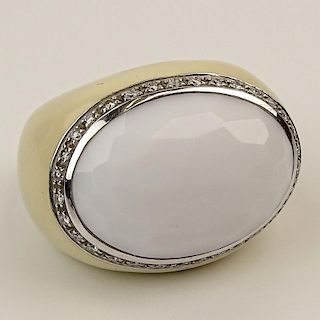 Lady's Orotech White Agate, Diamond, Enamel, 18 Karat White Gold and Sterling Silver Ring.