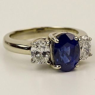 Lady's Approx. 2.86 Carat Oval Cut Natural Unheated Sapphire, .92 Carat Diamond and 18 Karat White Gold Ring.