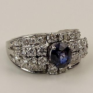 Lady's Approx. 1.52 Carat Round Cut Sapphire, 1.70 Carat Diamond and Platinum Ring.
