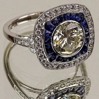 GIA Certified 1.87 Carat Round Brilliant Cut Diamond, Sapphire, Diamond and Platinum Ring.
