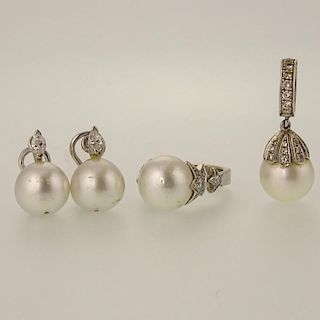Assembled Four (4) Piece Pearl, Diamond and White Gold Suite