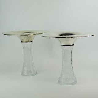 Pair of Large Vintage Murano Vetri Crackle Glass Vases with Large Flared Sterling Silver Rims.
