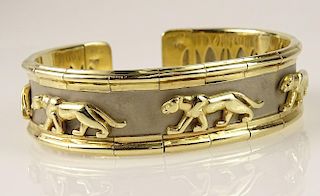 Retro Cartier style 14 Karat Yellow and White Gold Panther Motif Cuff Bangle Bracelet.