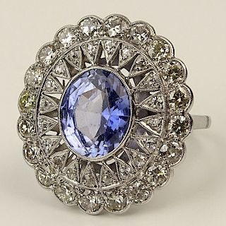 Lady's Edwardian Oval Cut Sapphire, Approx. 2.5 Carat Round Cut Diamond and Platinum Ring.