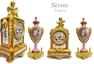LEROY & FILS Signed Magnificent 19th C Sevres Clock Set