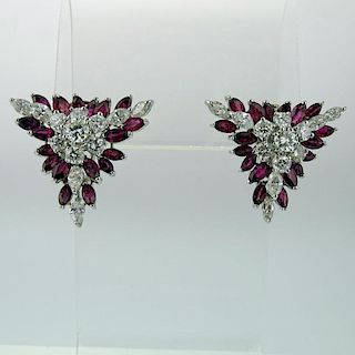 Lady's Vintage Approx. 5.0 Carat Ruby, 3.5 Carat Diamond and Platinum Earrings.