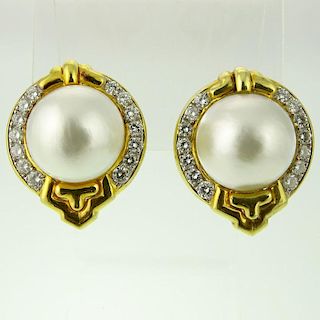 Pair of Lady's Approx. 2.50 Carat Round Cut Diamond, Mabe Pearl and 18 Karat Yellow Gold Earrings.