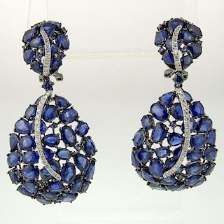 Pair of Lady's Approx. 30.0 Carat Multi Cut Sapphire, .50 Carat Diamond and 18 Karat White Gold Earrings.
