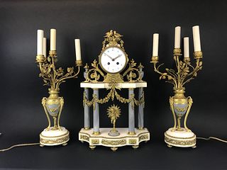 19th C. French Gilt Bronze & and Marble Clock Set