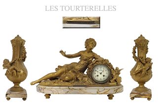 Les Tourterelles, F. Moreau Mantle Clock Set, 19th C.