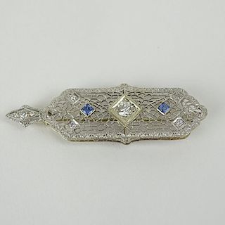 Art Deco 14 Karat White Gold Filligree, Sapphire and Diamond Pendant or Bar Pin.