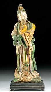 Tall Chinese Ming Dynasty Glazed Pottery Guanyin