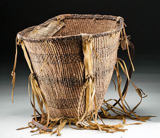 Early 20th C. Apache Woven Basket with Leather