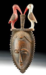 Early 20th C. African Baule Wood Mask with Birds